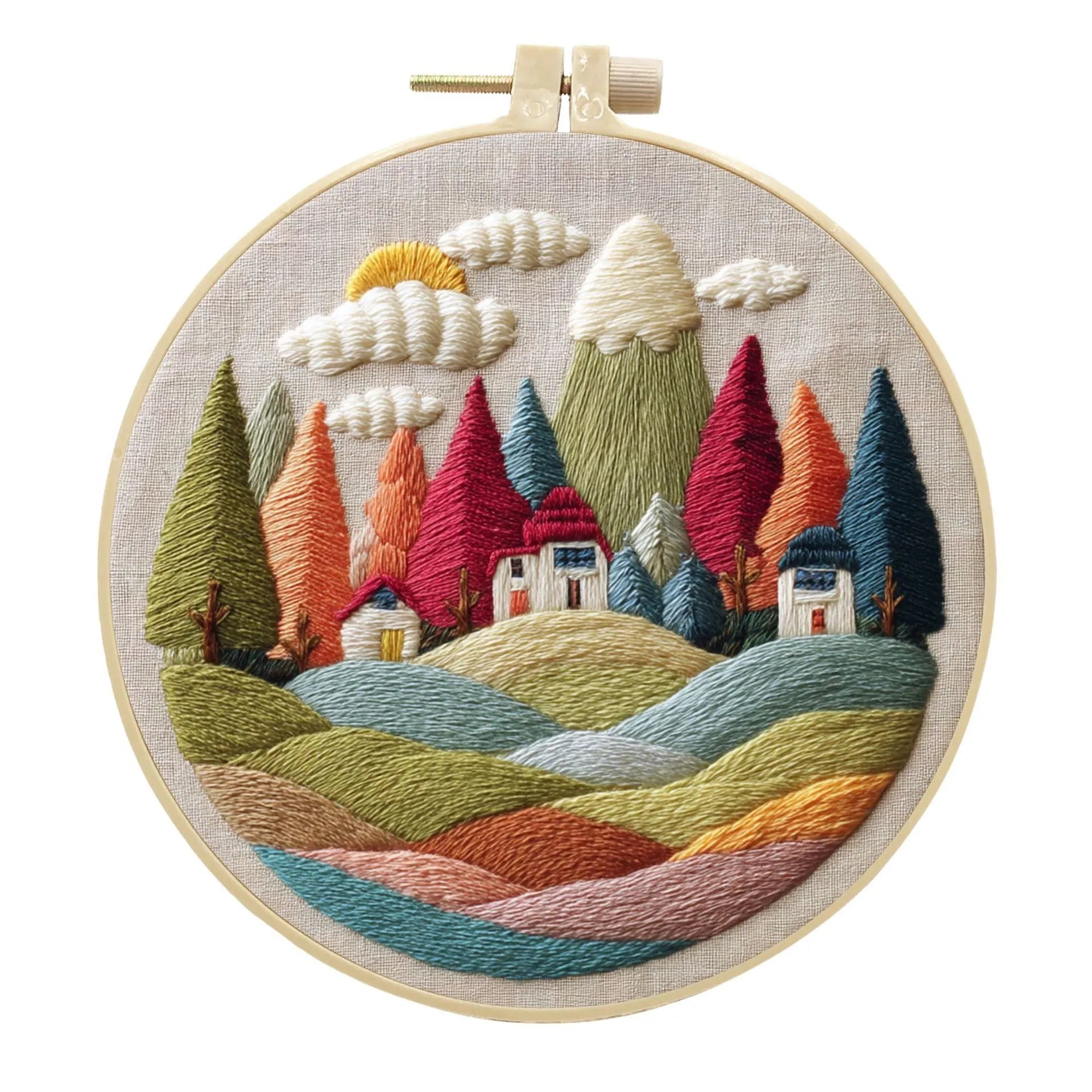 Embroidery DIY kit with 15cm bamboo frame, cotton linen fabric, and landscape design for handmade cloth art