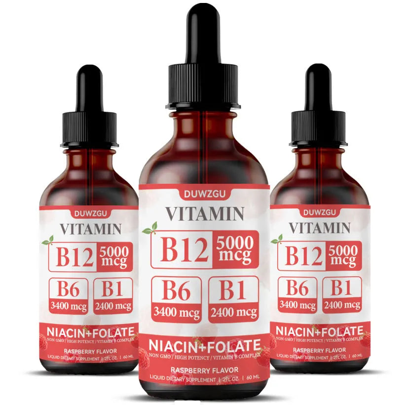 Clear bottle of liquid vitamin B12 drops with a dropper top.