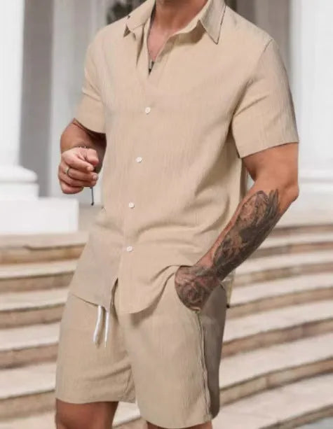Striped printed men's casual suit with short sleeve shirt and matching shorts in colour YT50313P1