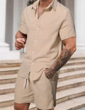 Striped printed men's casual suit with short sleeve shirt and matching shorts in colour YT50313P1