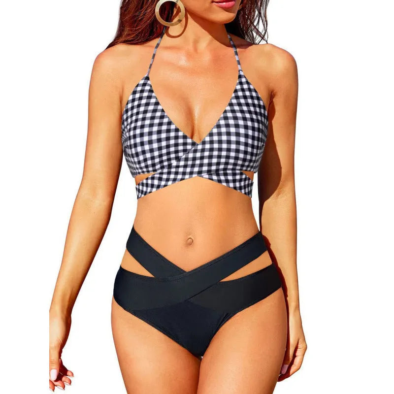 Women's high waist split bikini set in polyester with 30 colour options and sizes S to 2XL
