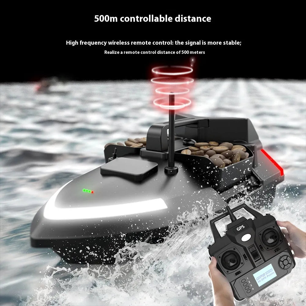 Yellow remote control fishing boat with GPS antenna on a calm lake at dusk, LED lights illuminated.