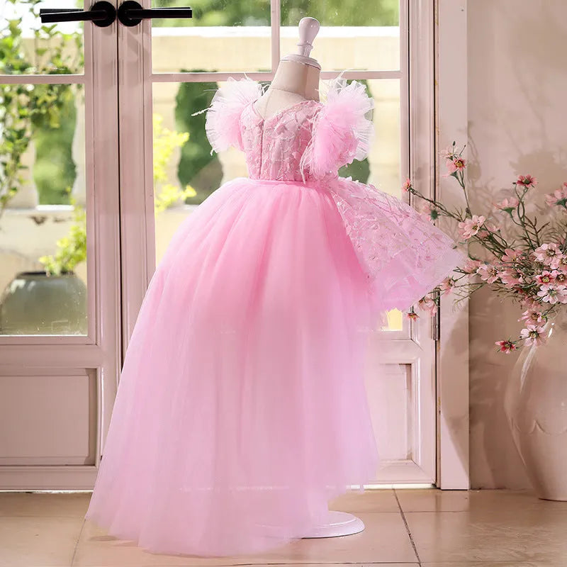 Pink polyester girls princess dress with layered pettiskirt in 80-150cm height sizes