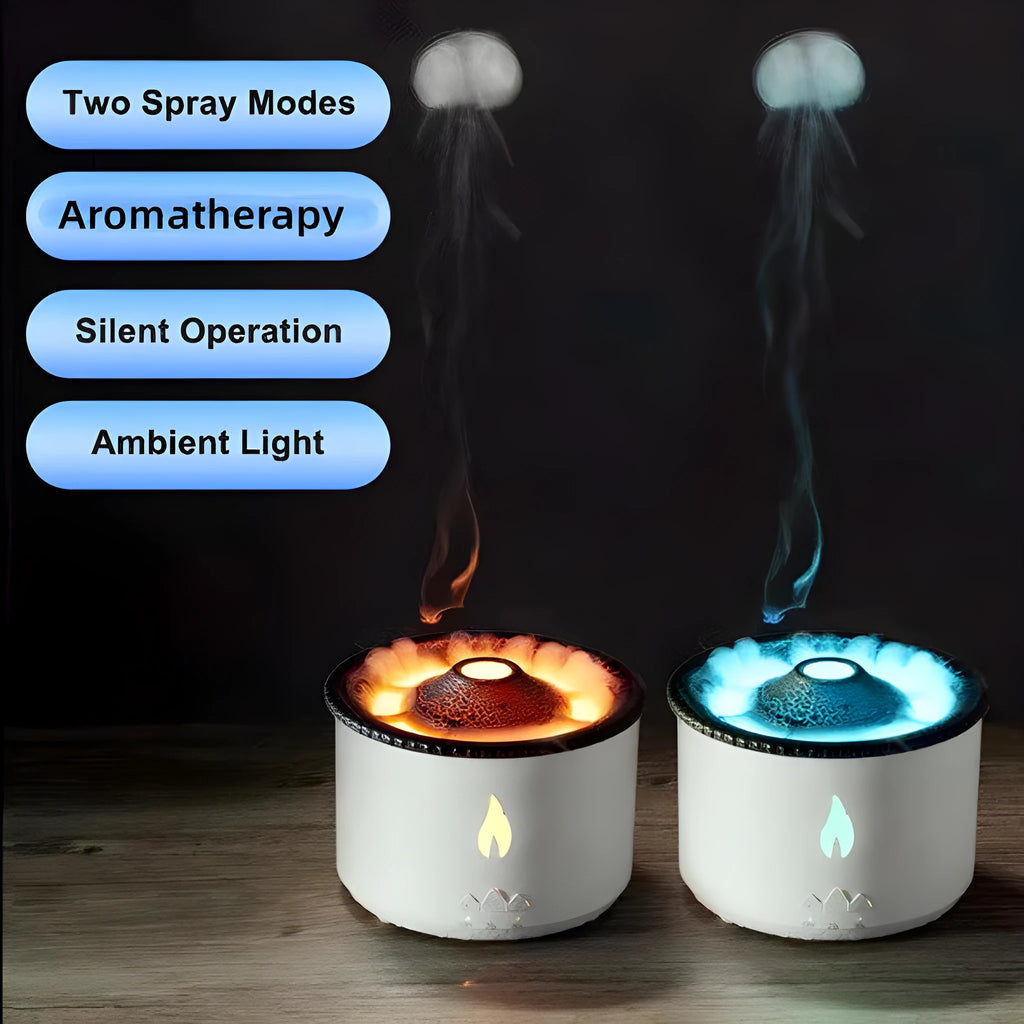 Black columnar ultrasonic essential oil humidifier diffuser with flame and jellyfish effects, 350ml, three fog outlets, 36dB quiet
