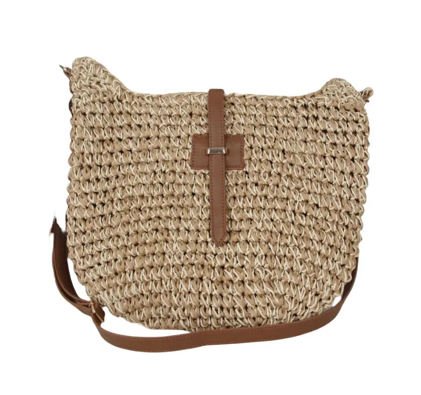 Beige handmade woven shoulder bag with sewing thread details and sandwich pocket