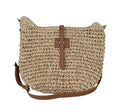 Beige handmade woven shoulder bag with sewing thread details and sandwich pocket