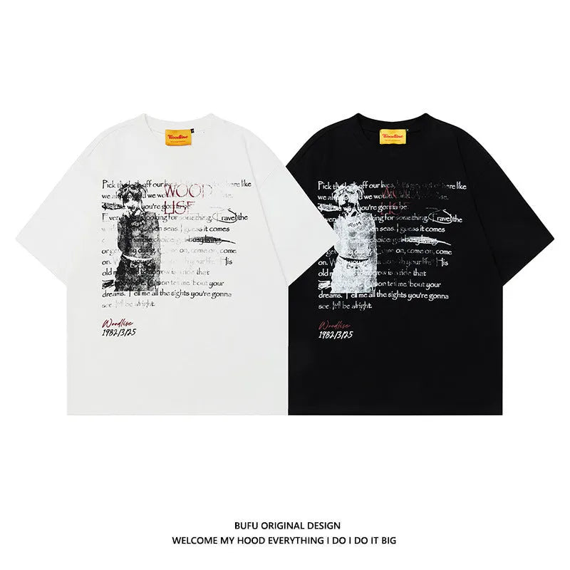 Men's black retro hip hop cotton T-shirt with loose fit and printed letter pattern