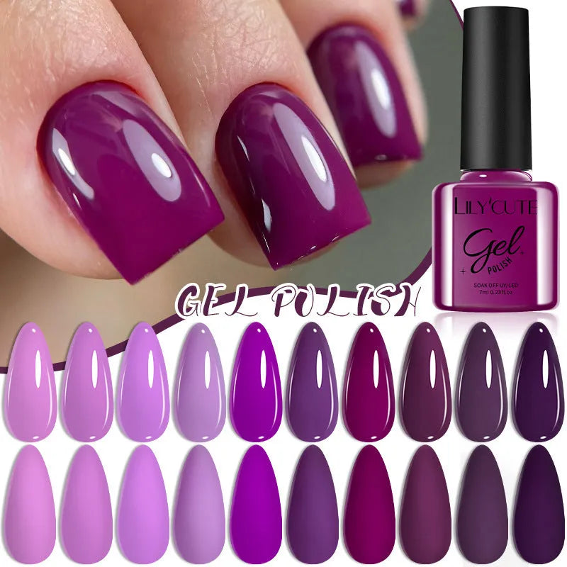 UV gel nail polish set showing bottles in multiple solid and glitter colours.