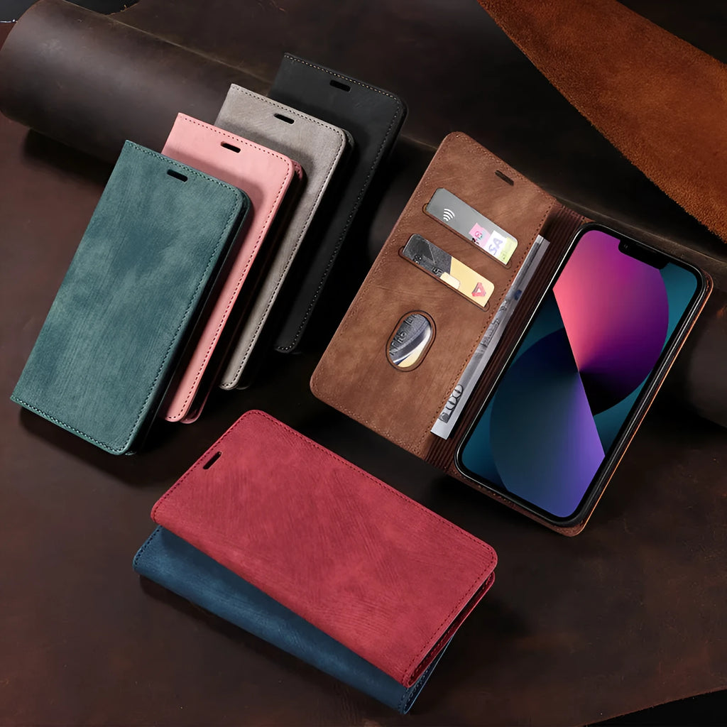 Magnetic flip leather phone case for iPhone shown closed and open, revealing card slots and phone.