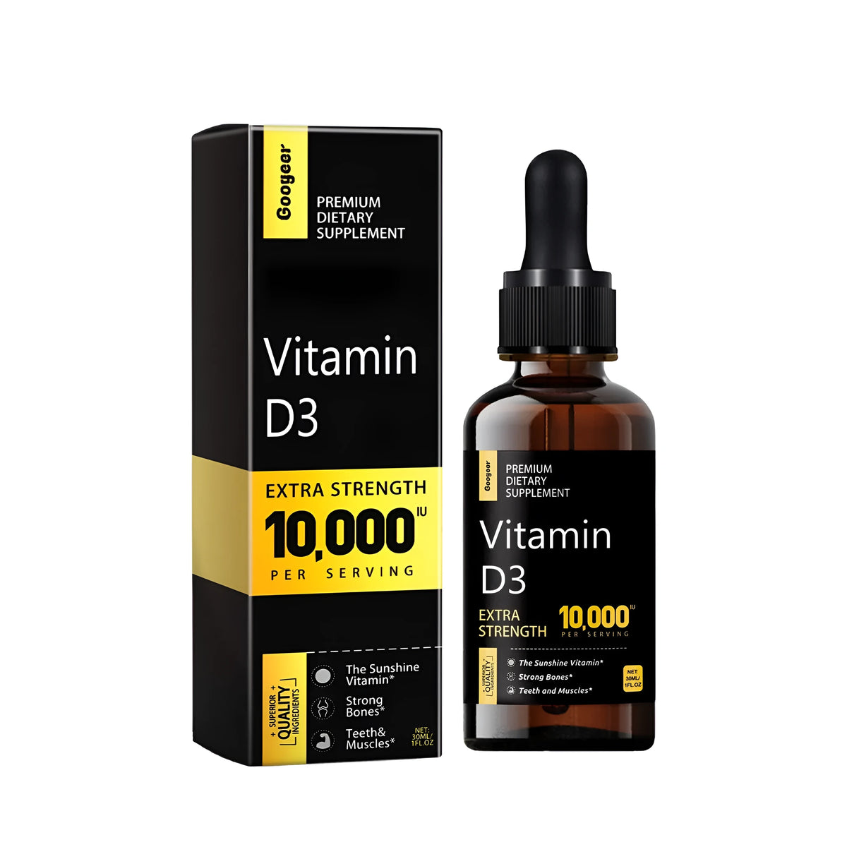 Liquid vitamin supplement with vitamin D3, vitamin C, green tea extract and orange extract in 2.8x10.3cm PE packaging