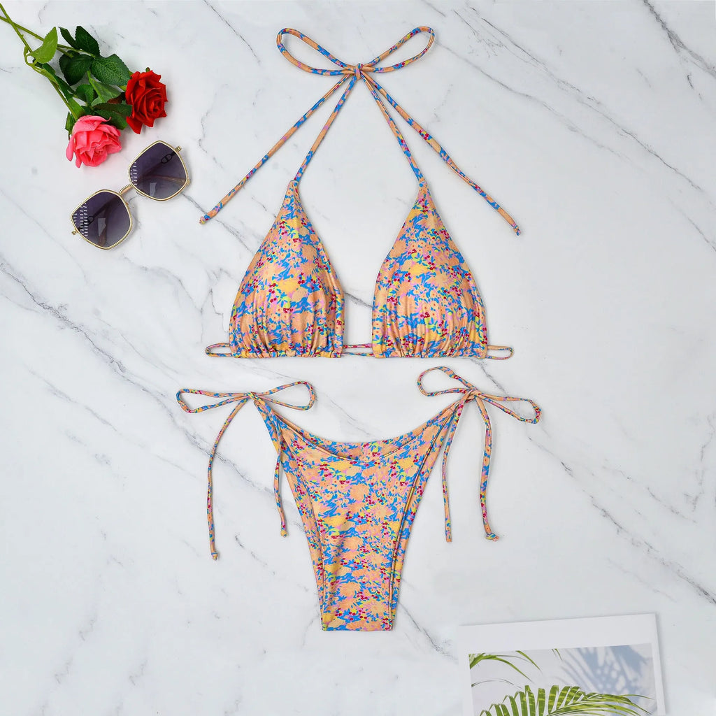 Lace-up bikini swimsuit with European split design and backless pattern in picture colour