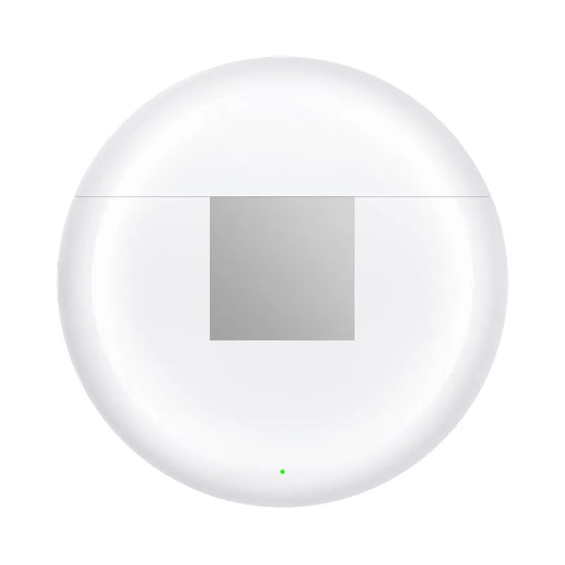 White Wireless Budz5 Bluetooth earbuds and charging case on a grey surface, showing semi-in-ear design.