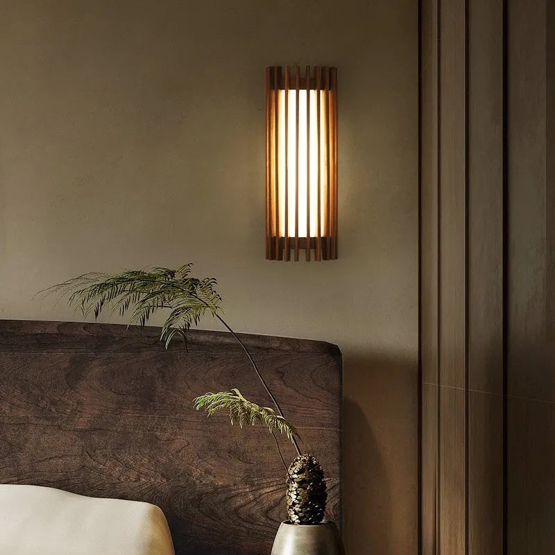 Walnut wood wall lamp with New Chinese style wooden art frame for living room or corridor