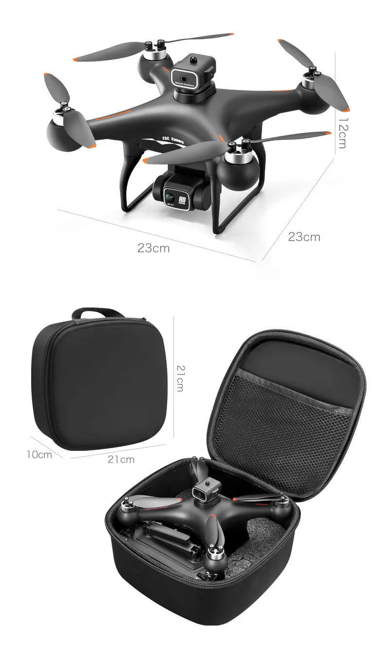 Black HD brushless motor UAV drone with four-side obstacle avoidance and camera, remote control beside it.