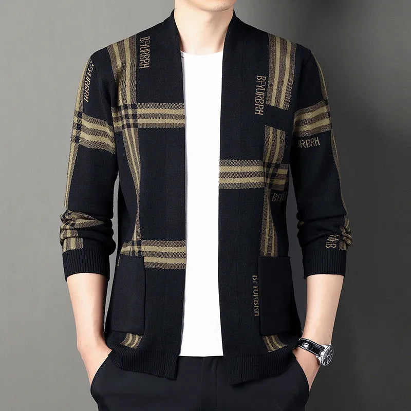Men's camel and black slim fit long-sleeve knitted cardigan sweater coat with zipper on model