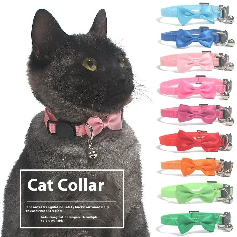 Adjustable striped nylon cat collar with a small silver bell attached, shown in multiple colour options.
