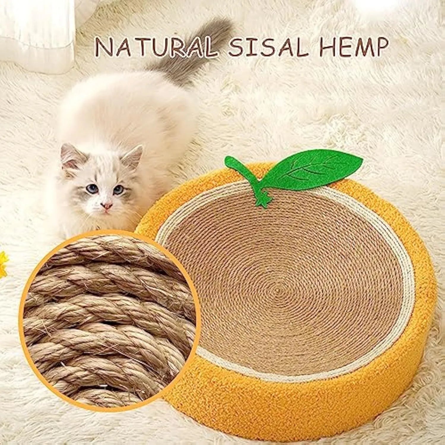 Yellow round fruit-shaped sisal cat scratching board with a shallow centre, shown on a floor.