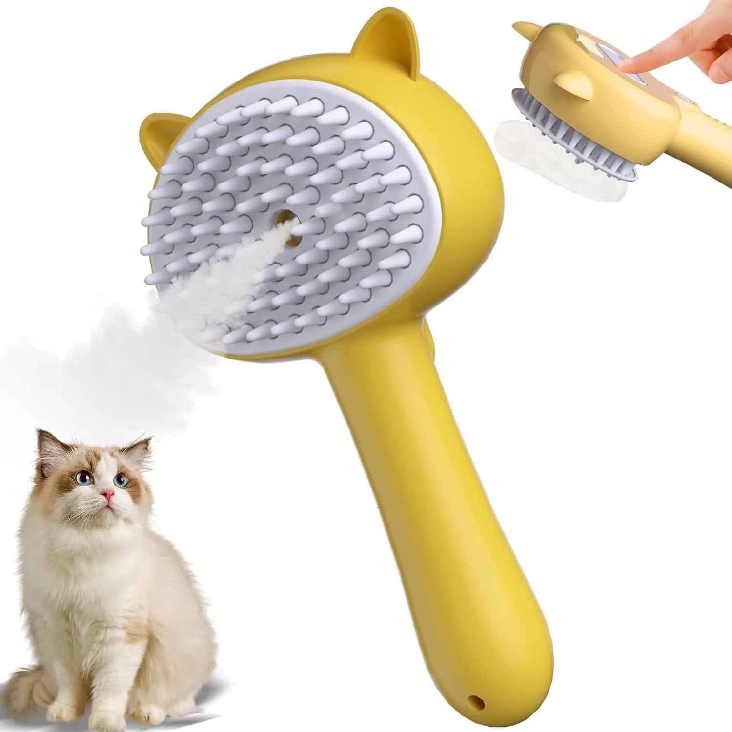Blue cat steam brush with ergonomic handle and rubber bristles for pet grooming