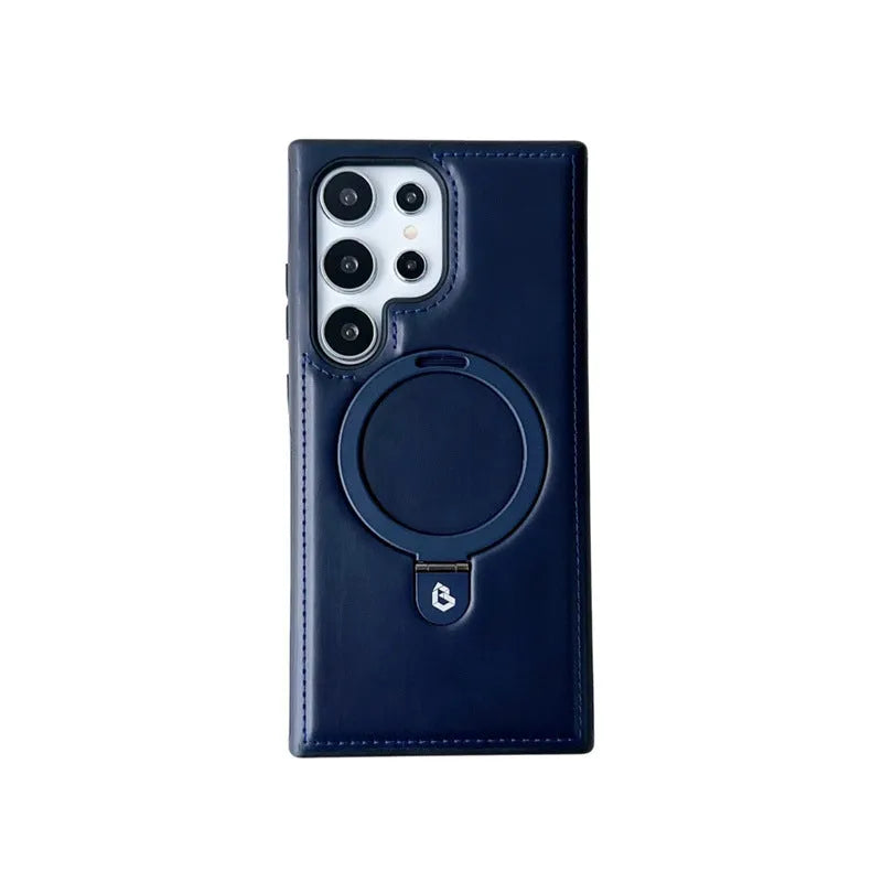 PU leather magnetic ring holder phone case with kickstand in black for Samsung S24