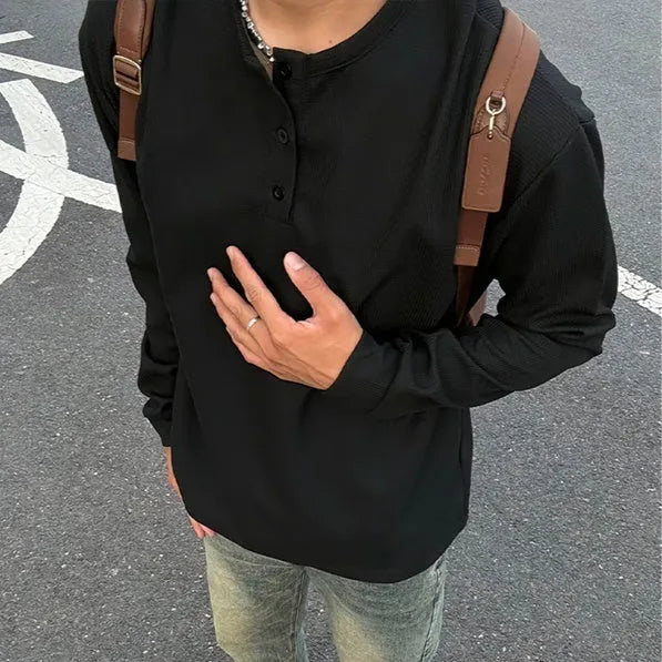 Men's black American Henry collar long-sleeved top loose fit chemical fibre blend pullover solid colour
