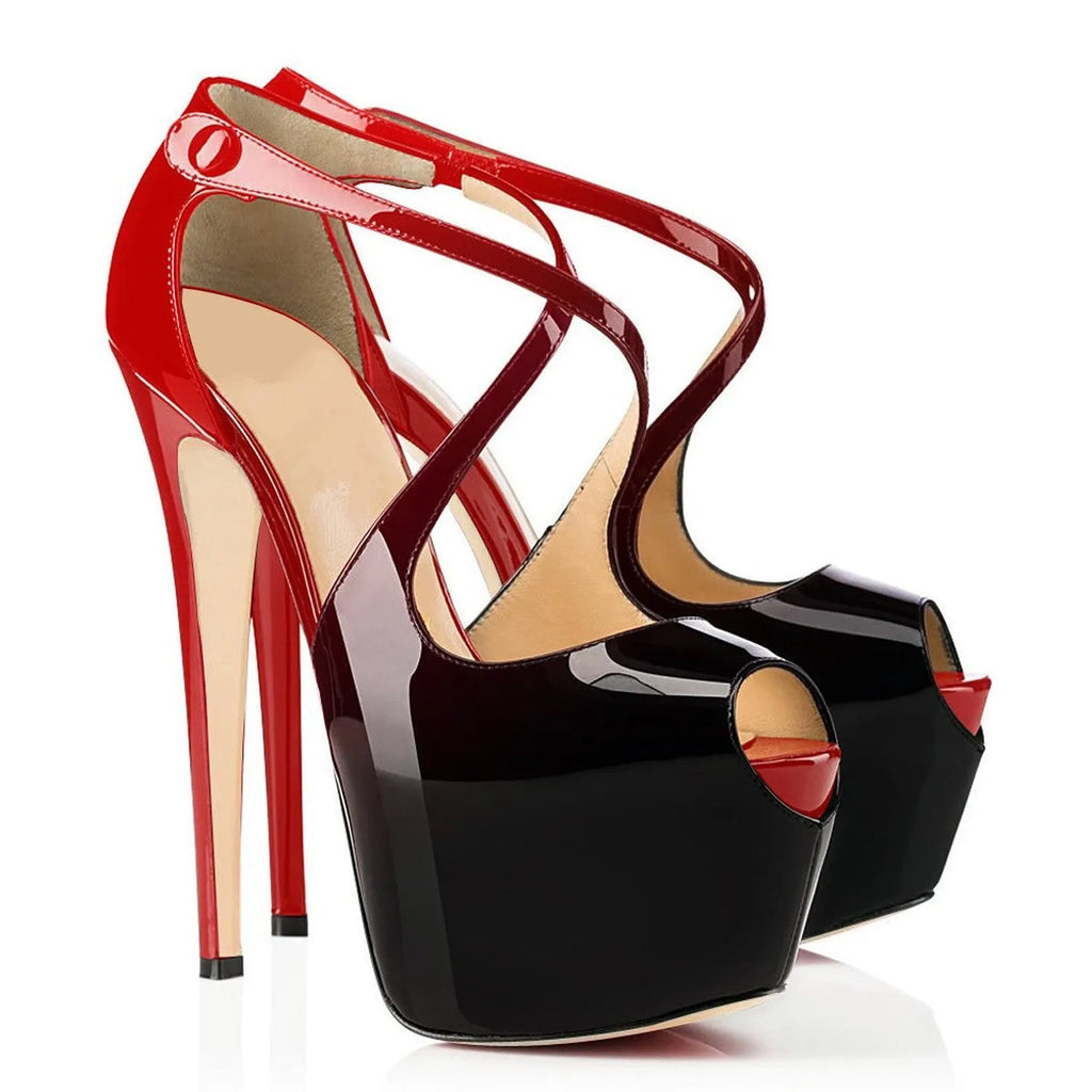 Women's black peep toe high heel shoes with a matching cross strap fastened around the ankle.
