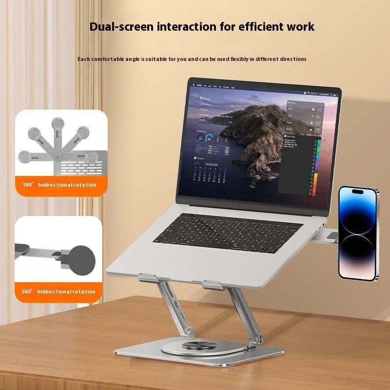 Silver carbon steel laptop stand with rotating base and attached magnetic phone holder