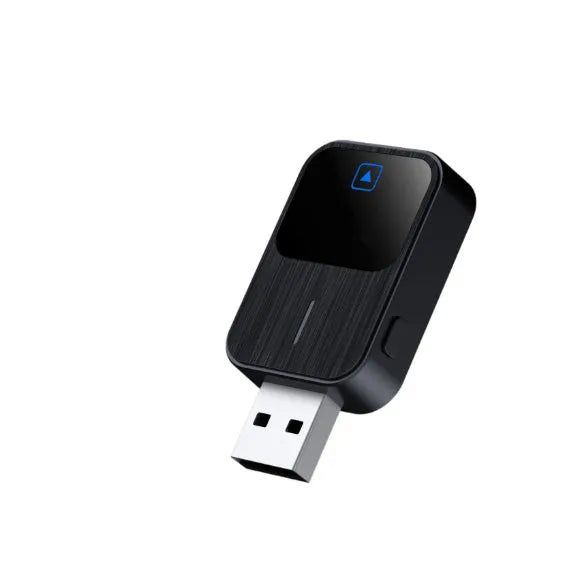 Black CarPlay Android Auto two-in-one adapter with metal ABS casing, 2.5x4.9x1.0cm, next to USB cable