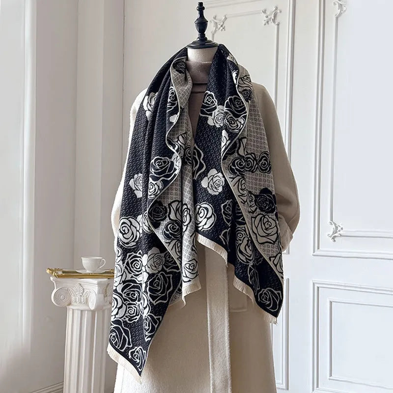 Mid-length 185x65cm imitation cashmere scarf with tassels in grey, black, blue, or khaki colours