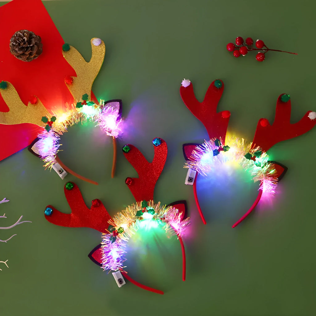 Christmas LED hair band with flashing lights, plastic headband in festive motifs including tree, snowflake, and deer horn designs