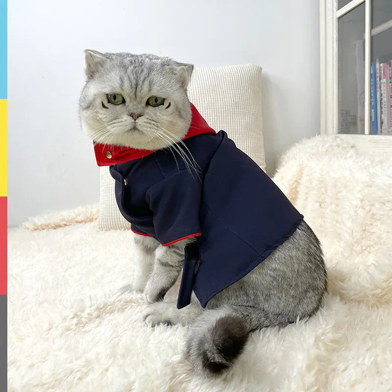 Soft jersey hoodie for a cat or dog in Tiger Staff Yuren pattern, sized S or M, worn as a costume.