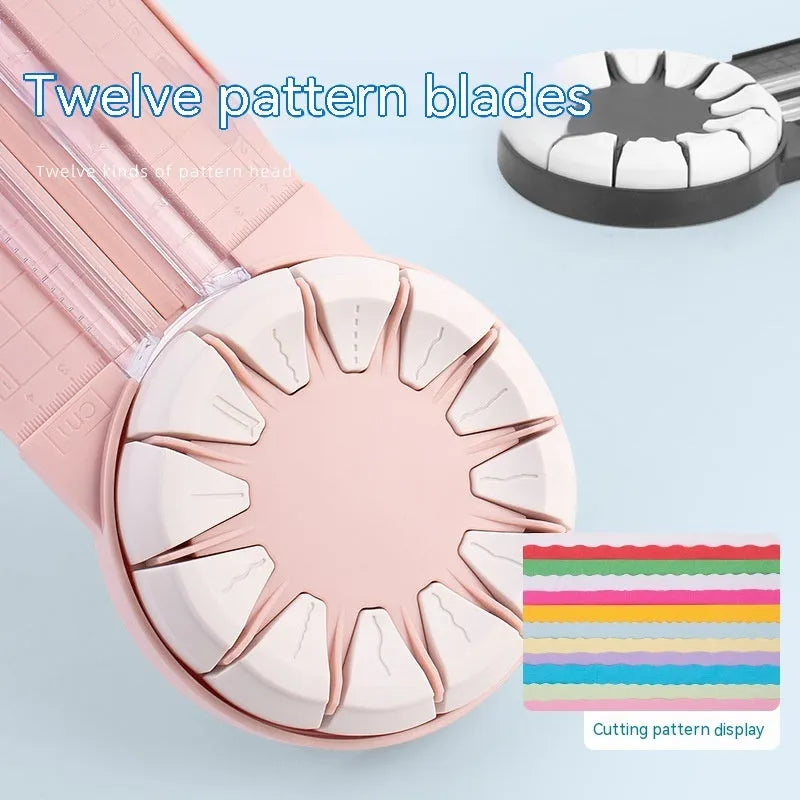 Pink plastic multifunctional 12-in-1 paper cutter and scoring board with size guides.