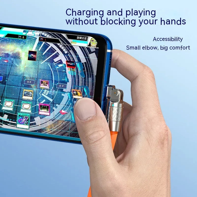 Orange mobile game charging cable with rotating elbow design showing Lightning, Micro USB and Type-C connectors
