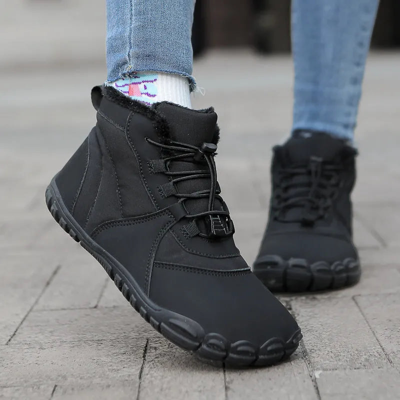 Round-toe unisex snow boots in black on a white background, showing front lace-up design and rubber sole.