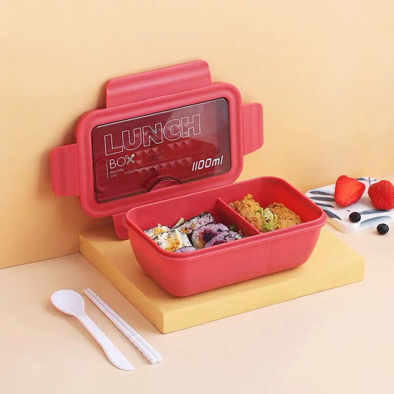 Four compartment partitioned bento lunch box with Nordic design in green, red or yellow colours