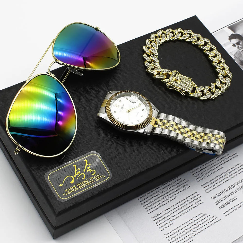 Men's steel bracelet watch with gold accents and matching sunglasses in gift box set