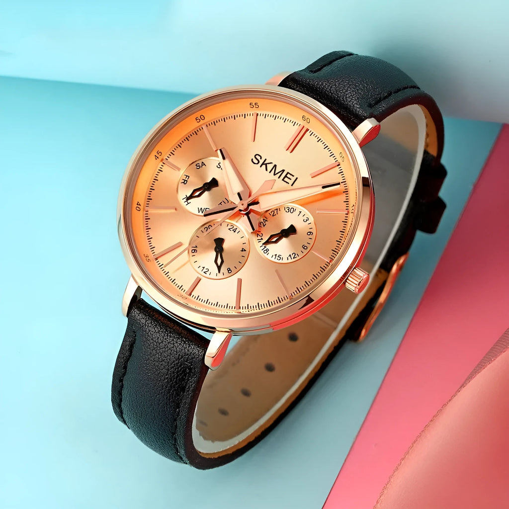 Women's genuine leather retro round quartz watch with six-pin design and 38mm dial on a rose gold case