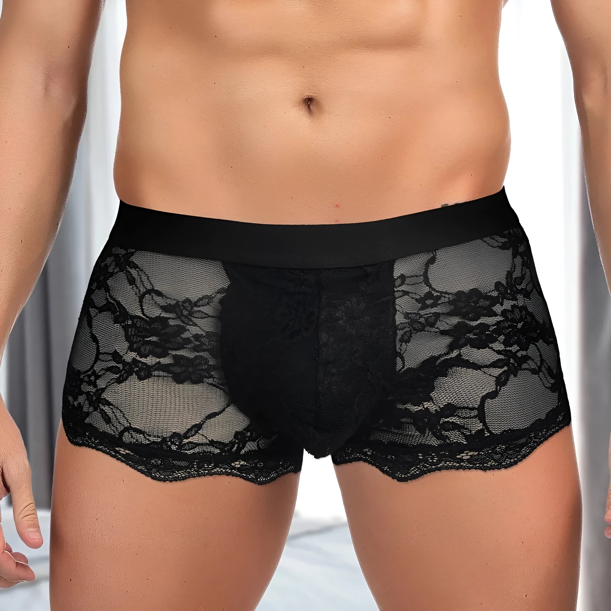 Men's black nylon lace briefs with hollow out see-through design