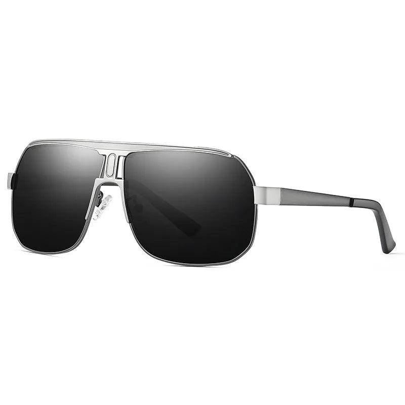 Large frame unisex sunglasses with alloy glasses frame, shown in black silver, black, golden red, and gun silver colour options