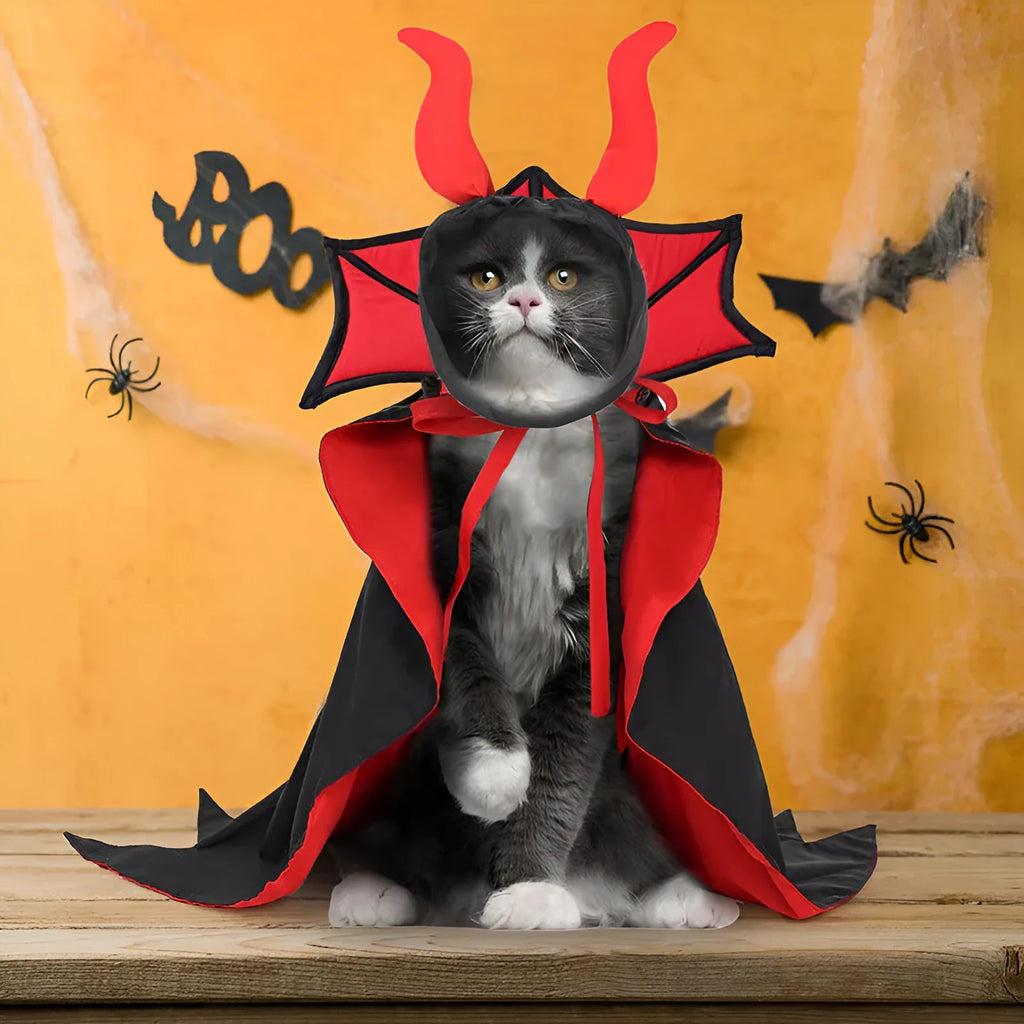 Black polyester vampire cloak and hat costume set for a dog or cat on a mannequin.