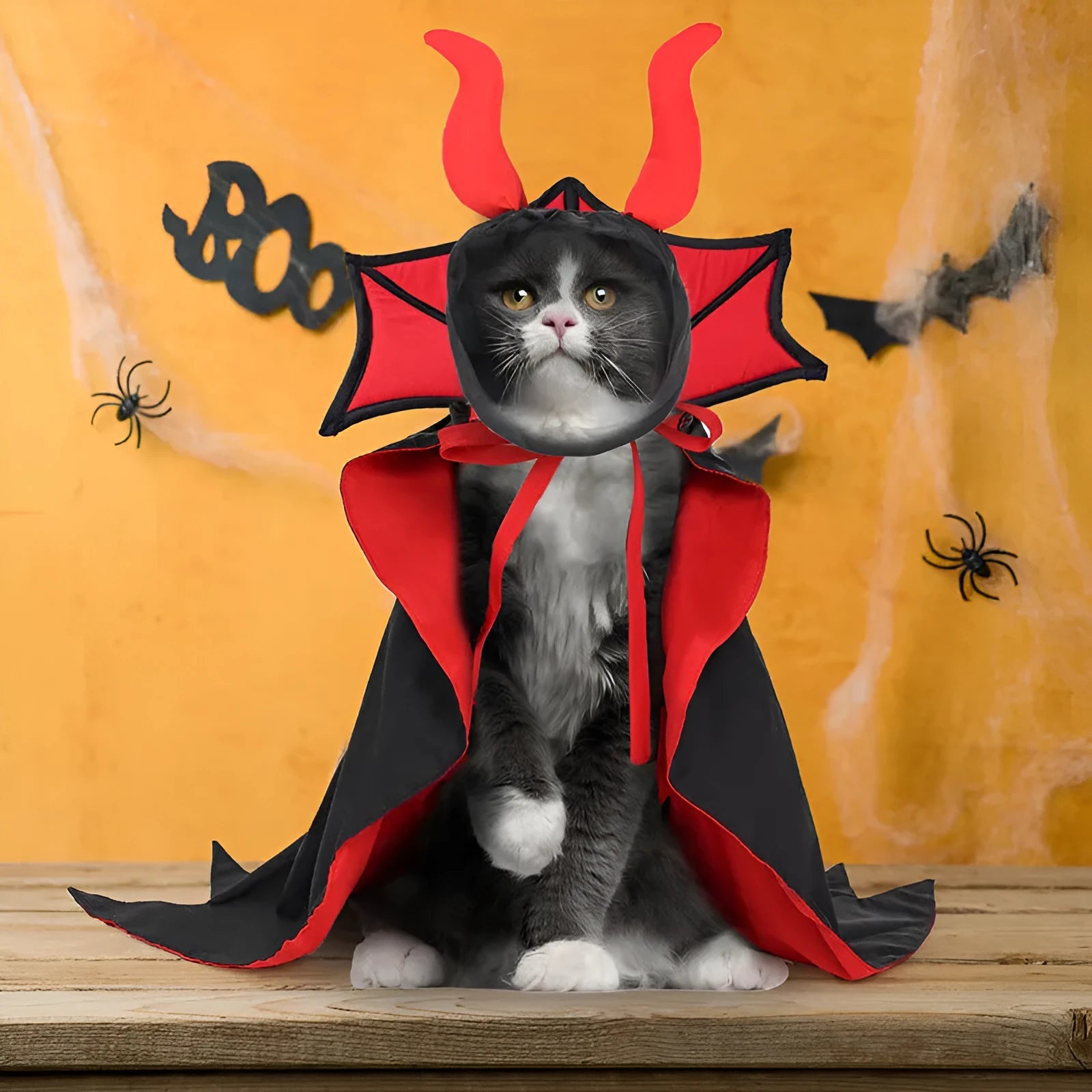 Black polyester vampire cloak and hat costume set for a dog or cat on a mannequin.