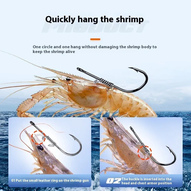 Pack of 10 spring rubber band sea fishing hooks for live shrimp, barbed points, sizes No 2 to No 5/0