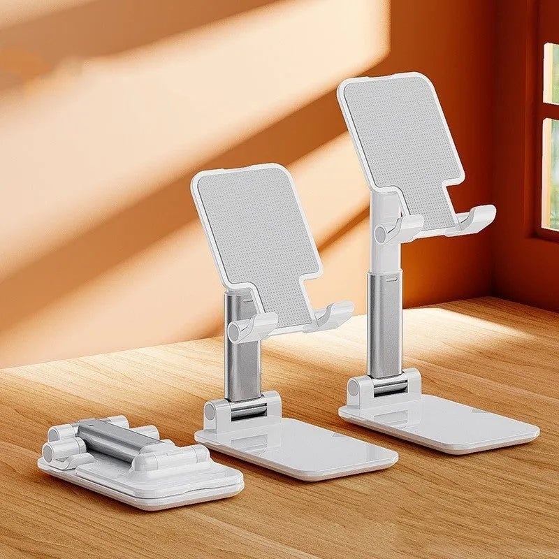 Folding telescopic mobile phone bracket in blue with anti-skid silicone pads holding smartphone
