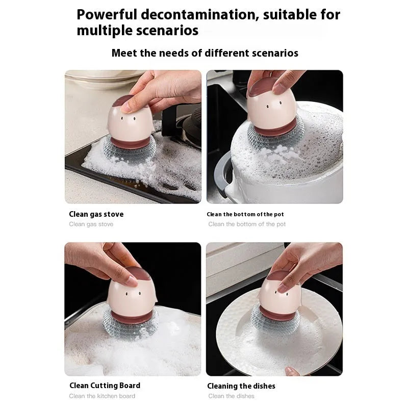 Automatic liquid filling dishwashing brush shaped like a chicken, in Bean Red, with ergonomic handle and wall mount