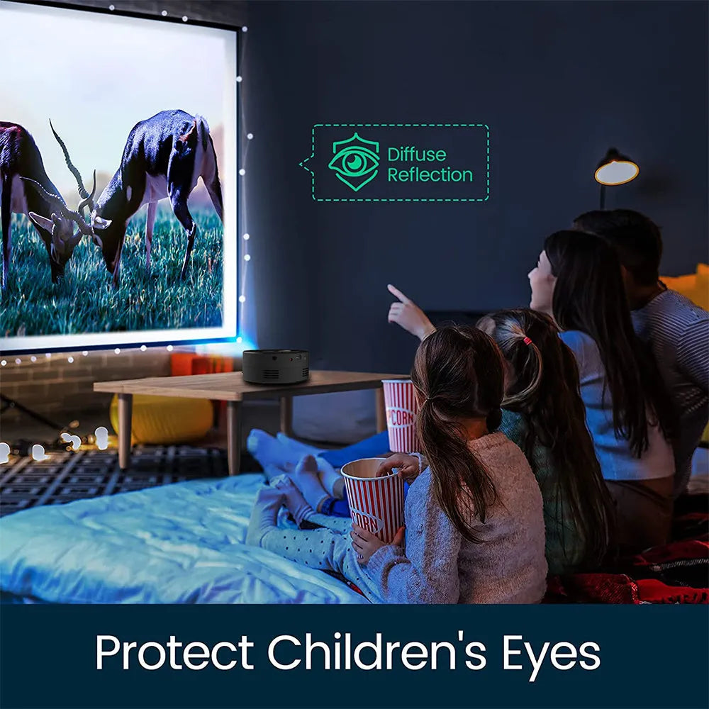 Black mini portable projector for mobile phone projection with compact 110x110x47mm dimensions