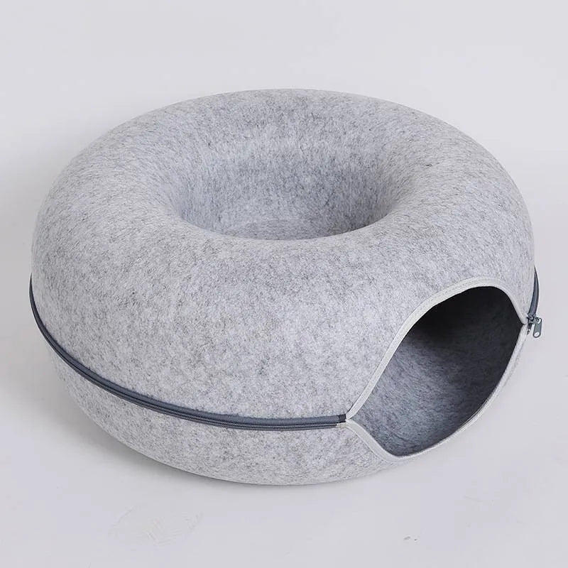 Natural felt donut cat tunnel bed in light grey with tunnel entrance 60x60x27cm