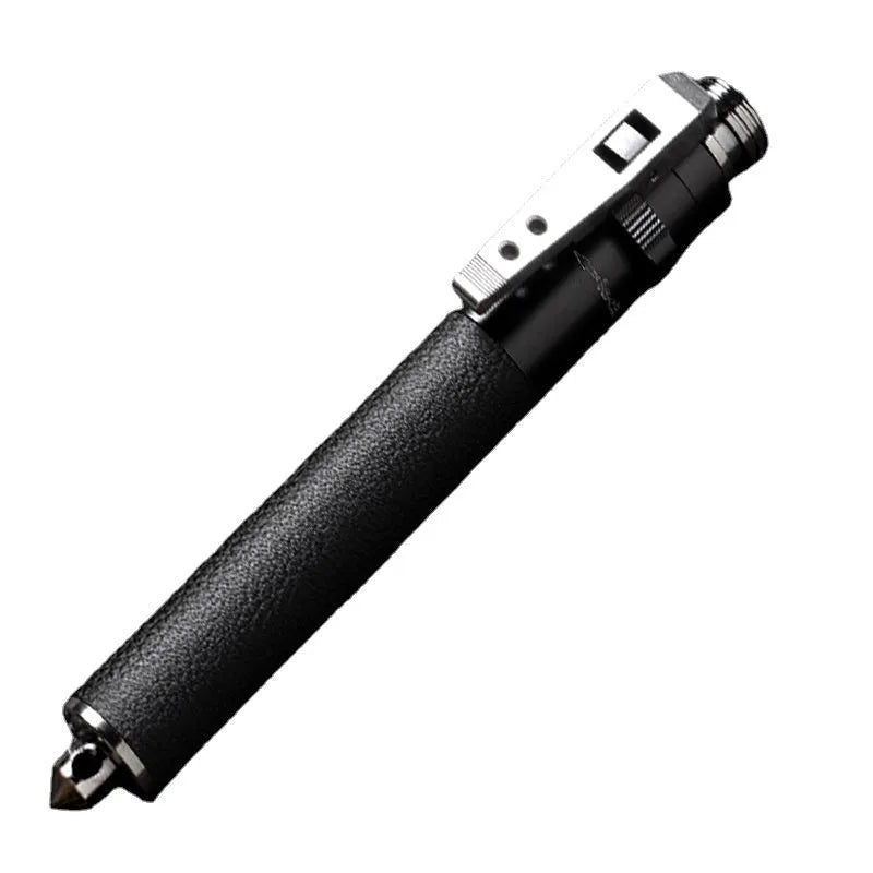 Titanium black aluminium alloy automatic spring expandable baton in collapsed and extended states.