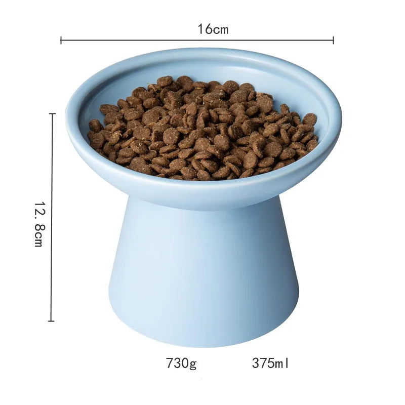 Blue ceramic elevated cat bowl with wide shallow design for comfortable feeding