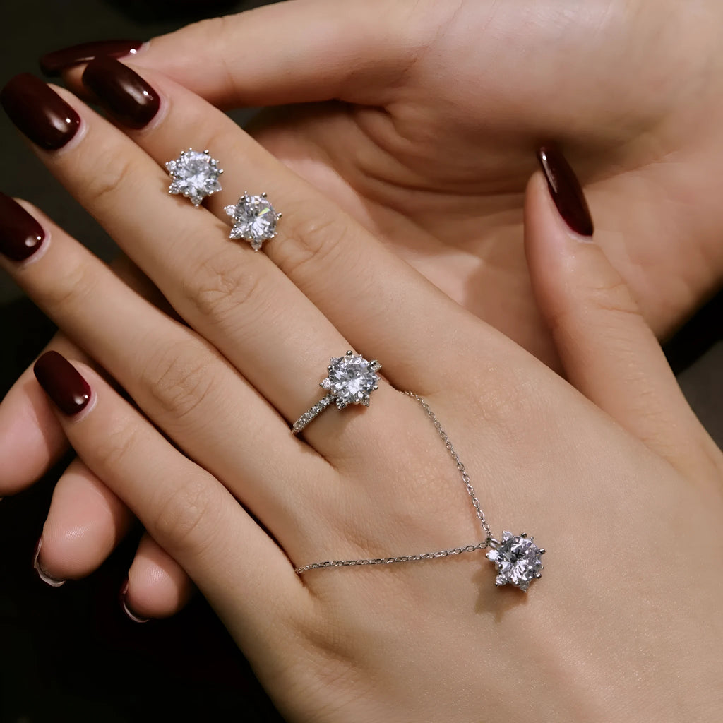 S925 sterling silver snowflake jewellery set with clavicle necklace, ring and ear studs in silver