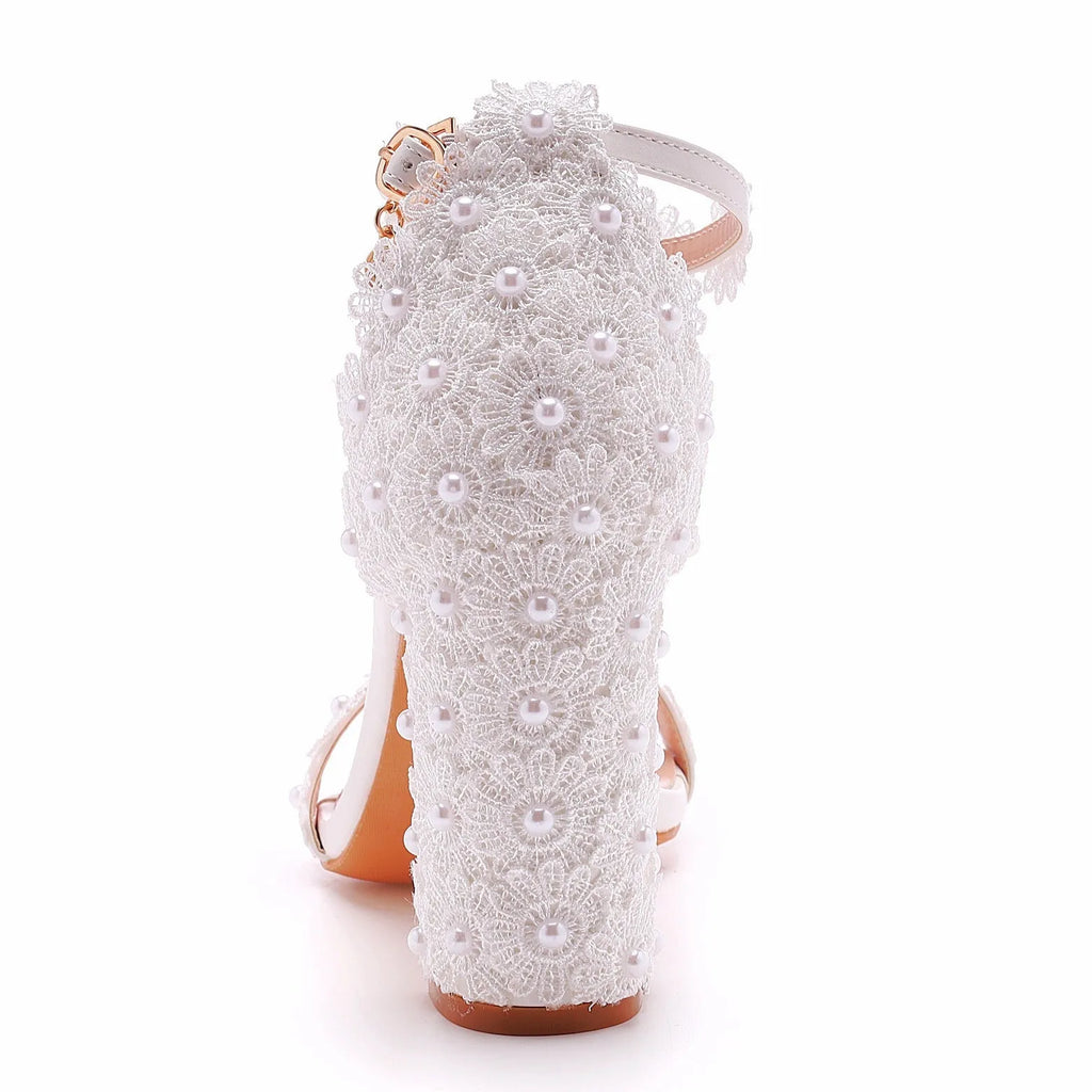 White square heel sandals with beaded shallow mouth and PU upper, shown in 4cm and 9cm heel options