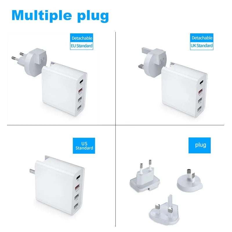 White multi-port USB fast charger with PD QC support on a table.